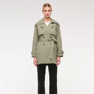 Women's Customized Fashion New Light Green Lapel Long Sleeve Tie Short Belt Jacket Windbreaker Trench Coat