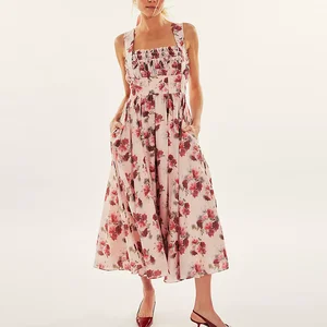 Factory Custom High Waist Sleeveless Ladies Elegant Dress Pleated Design Allover Floral Printed Women a Line Midi Dress