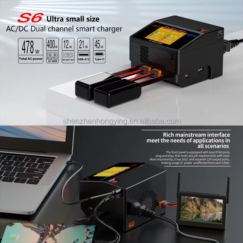  S6 AC 400W DC 600W Dual Channel Smart Charger with USB-A Type-C for RC Lilon LiPo LiFe LiHV NiCd NiMH PB details