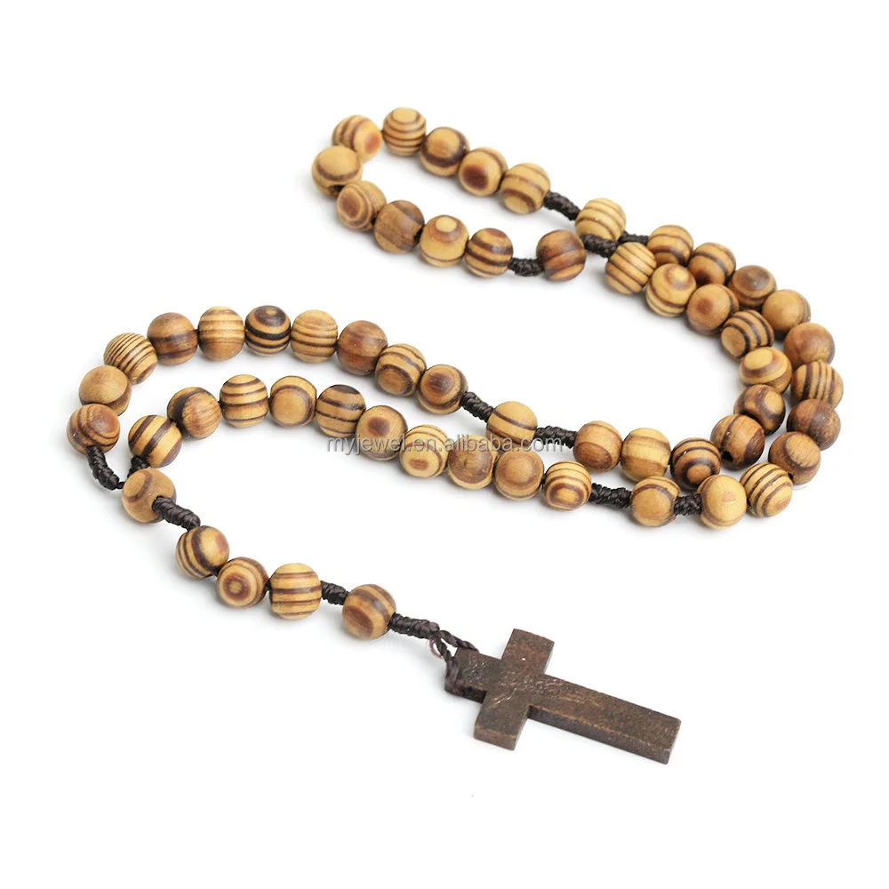 Wholesale Cheap Wooden Beads Cross Necklace Rosary Religious For Pray Beads Promotion Catholic