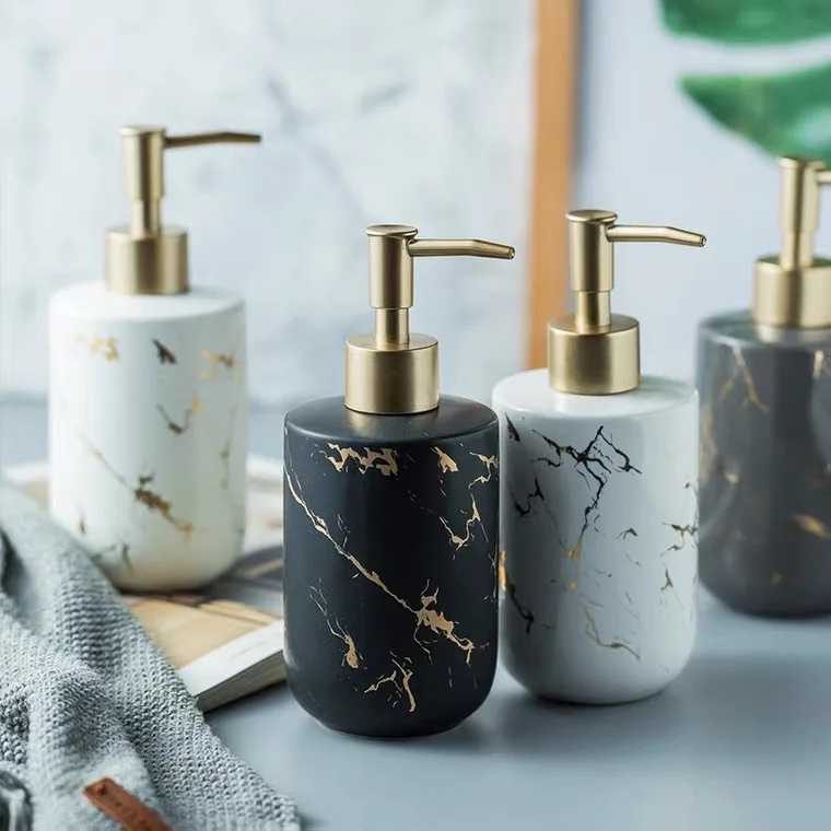 Luxury Marble Design Ceramic Black Gold White Shampoo Bathroom Set Liquid Soap Dispensers with Lotion Pump Bottles