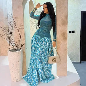 STOCK Print Long Sleeve Women Dress Mesh Flare Maxi Dress Lady Outfits S-XL