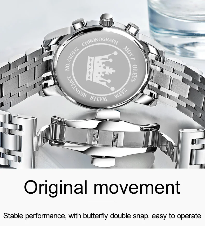 OLEVS 2859 Designer Mens Brand Quartz Multi Time Zone Chrono Fashion Ttourbillon Stainless Analog Watch