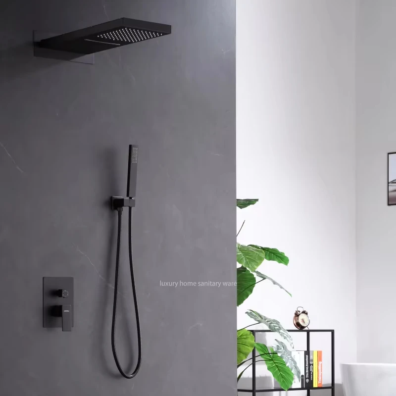 Modern Wall-mounted Constant Temperature Bathroom Shower Faucet Set System Ceiling Rain Shower Black Brass Shower Head