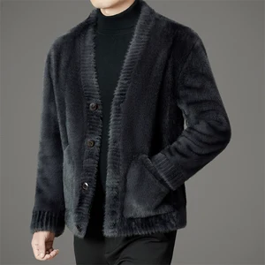 Winter New Collection Male Faux Mink Jacket V Neck Single Breasted Mens Luxury Faux Fur Coats Gray