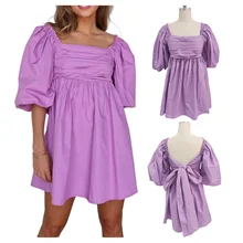 Custom Summer Casual Tie Bow Back Purple Dress Luxury Cotton Puff Sleeve Mini Dress Women
