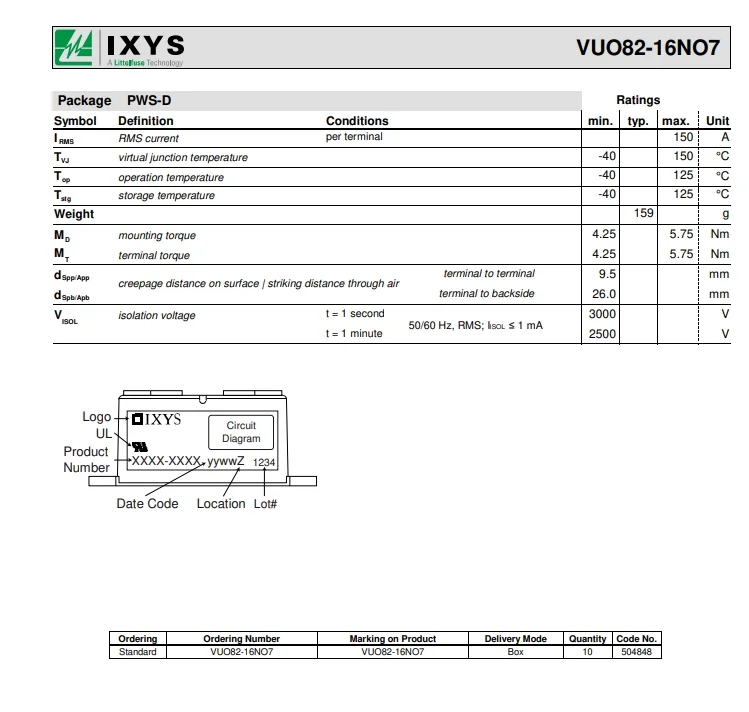 Hot sale Original VUO82-16NO7 BRIDGE RECT 3P 1.6KV 88A Bridge Rectifier Three Phase Standard 1.6 kV Chassis Mount PWS-D