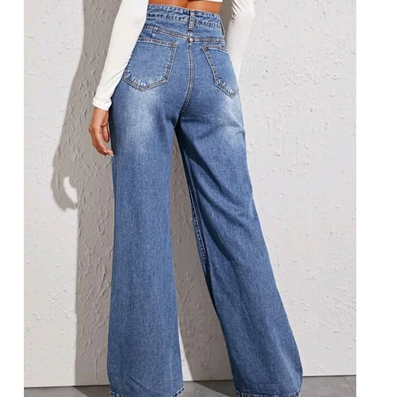 Wholesale New Design Wide Leg Casual Loose Jeans Full Length Straight Boyfriend Jeans for Women Zipper Fly factory