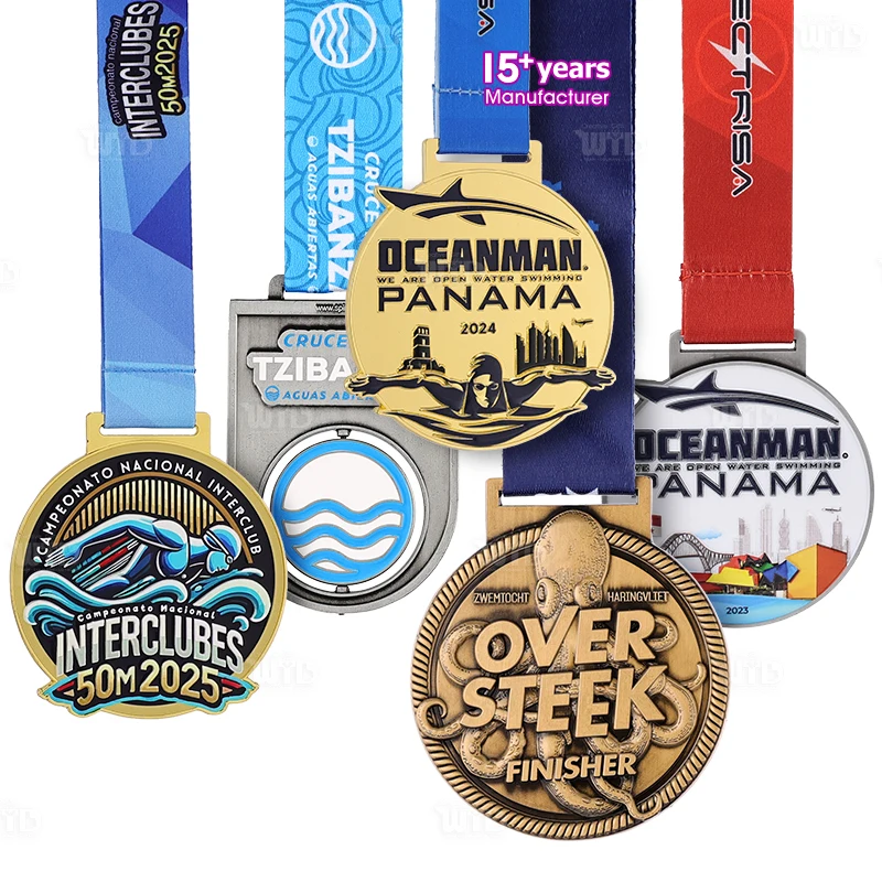 Ontwerp Uw Eigen Gepersonaliseerde Zwemmedaille met Linten 3D Emaille Hoge Kwaliteit Sportrace Finisher Legering Prijs Metalen Medaille