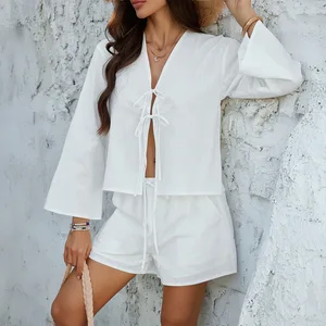 2026 Women's Casual 2-Piece Set Long Sleeve Cardigan Top & Above Knee Solid Pattern Short Pants