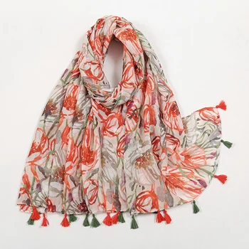 2025 New Elegant Tulip Flower Printed Scarves With Tassel Women Floral Print Head Wraps Beach Shawls Hijabs Pakistani Shawl