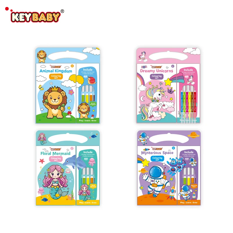 Keybaby Ins Style Animal Activity Watercolor Kids Party Favor Handle Coloring Book Set