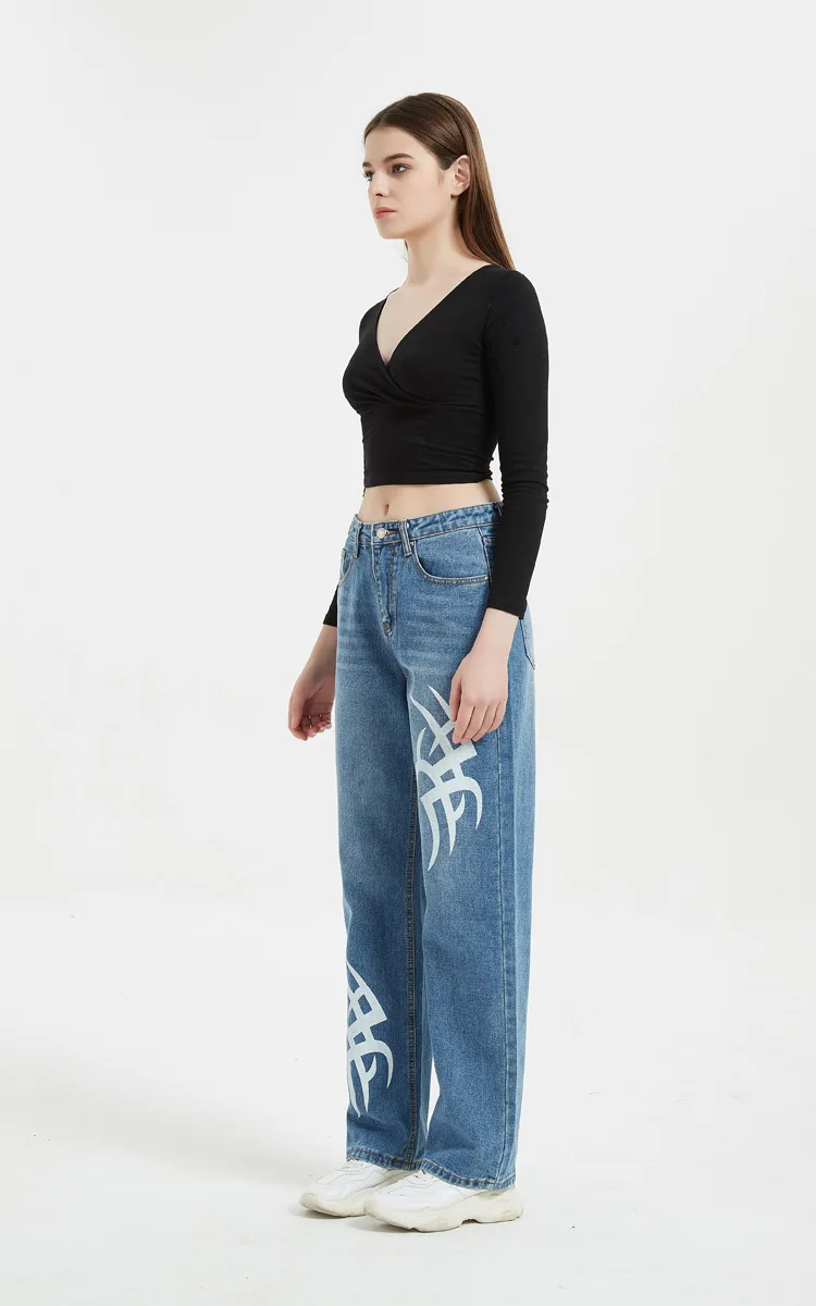 Custom Denim Straight Leg Pants Printed Fabric Denim Jeans Femmes Women's Pants Women Jeans