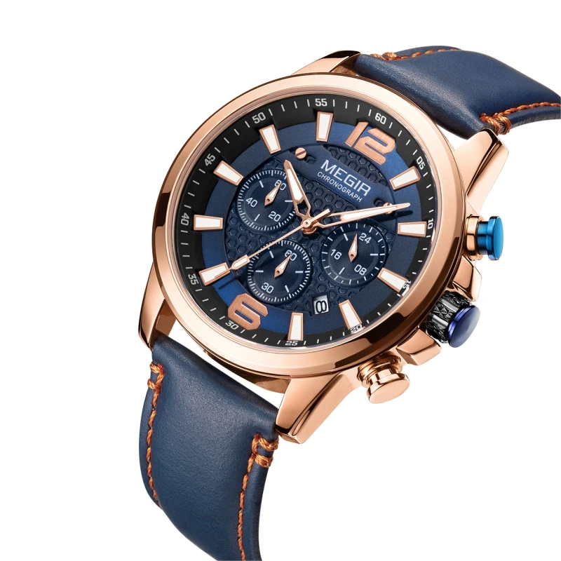 Relojes Hombre MEGIR 2156 Rose Gold Men Leather Quartz Watches Fashion Chronograph Watch for Man