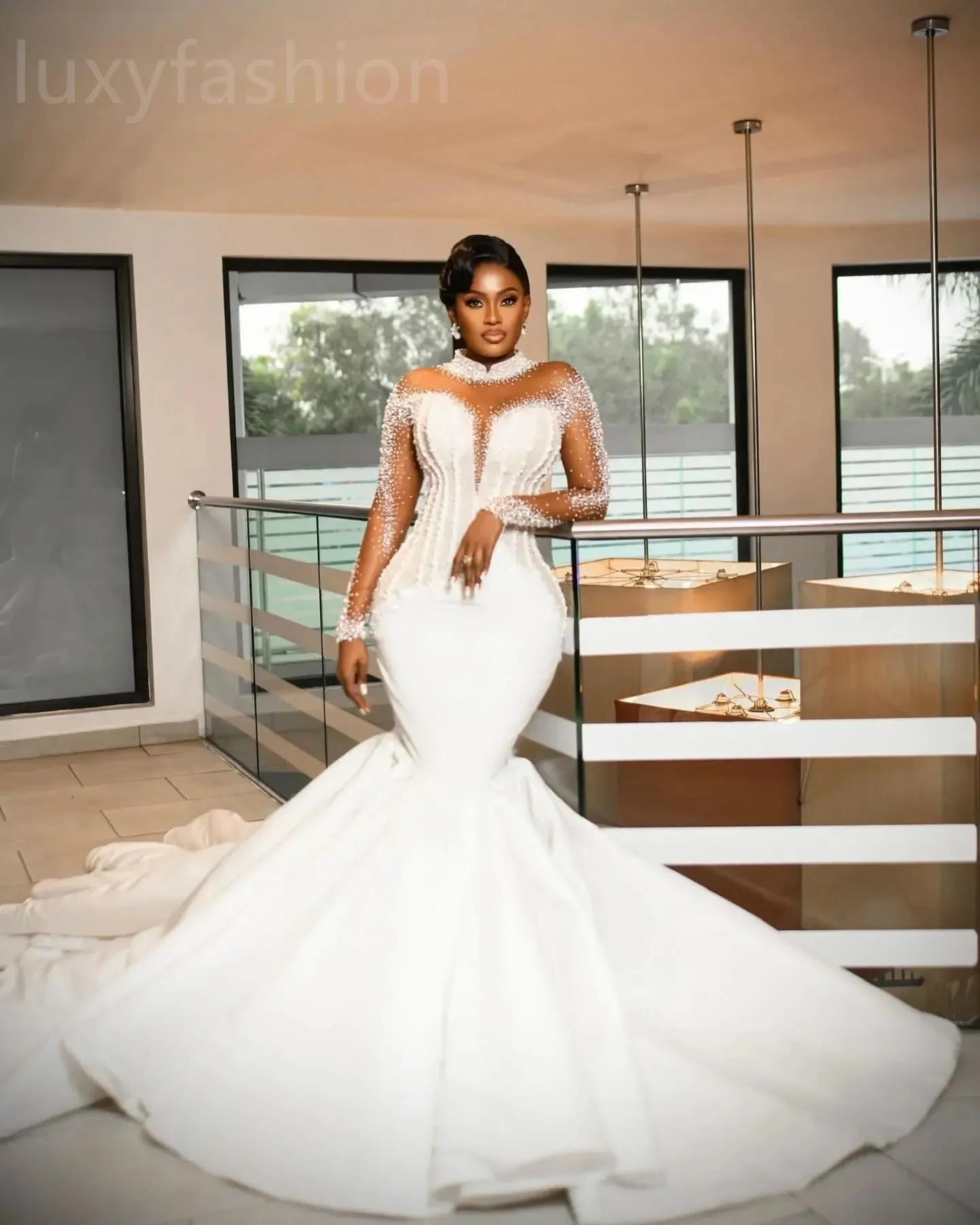 Aso Ebi 2024 White Mermaid Wedding Dresses Pearls Beaded Luxurious Satin  Long Sleeves Bridal Gowns Dresses