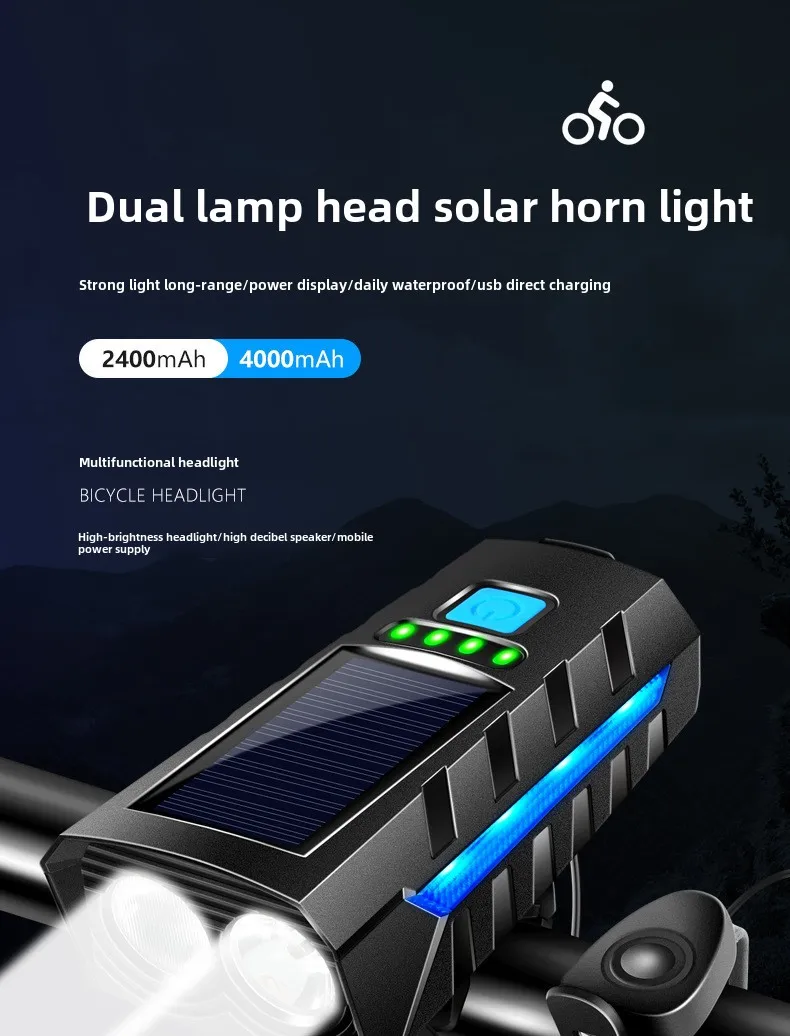 Bicycle Front Lights Remote Solar Bicycle Light Power Bank Bike Lamp Bicycle Headlight With Horn Solar Charging