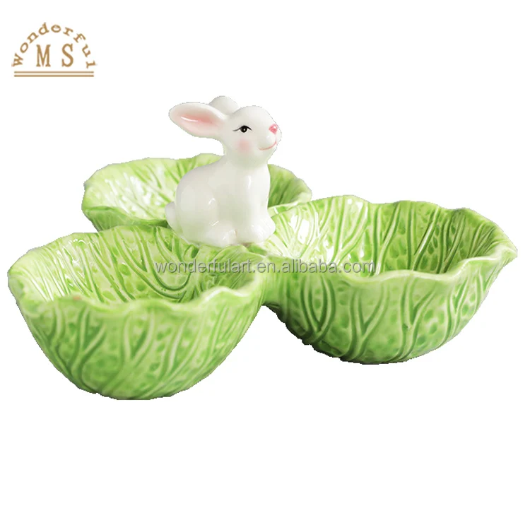 Oem porcelain yellow&pink leaves cabbage rabbit Shape Holders 3d vegetable Style Kitchen Ceramic dish Tableware Set