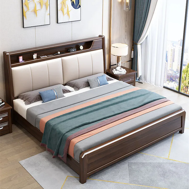 Walnut Solid Wood Double Bed Soft Relying High Box Storage King Bed ...