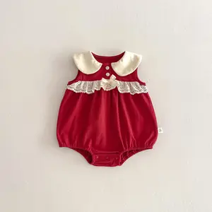 Summer Sleeveless Jumpsuit Casual Bow Lace Doll Collar and Button Baby Girl Rompers ODM Customizable