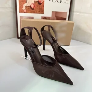 QuiteS New Brown Skinny Pointed Toe Shallow Mouthed Fashionable Back Strap Mesh High Heeled Sandals Summer Sexy Zapatos Mujer