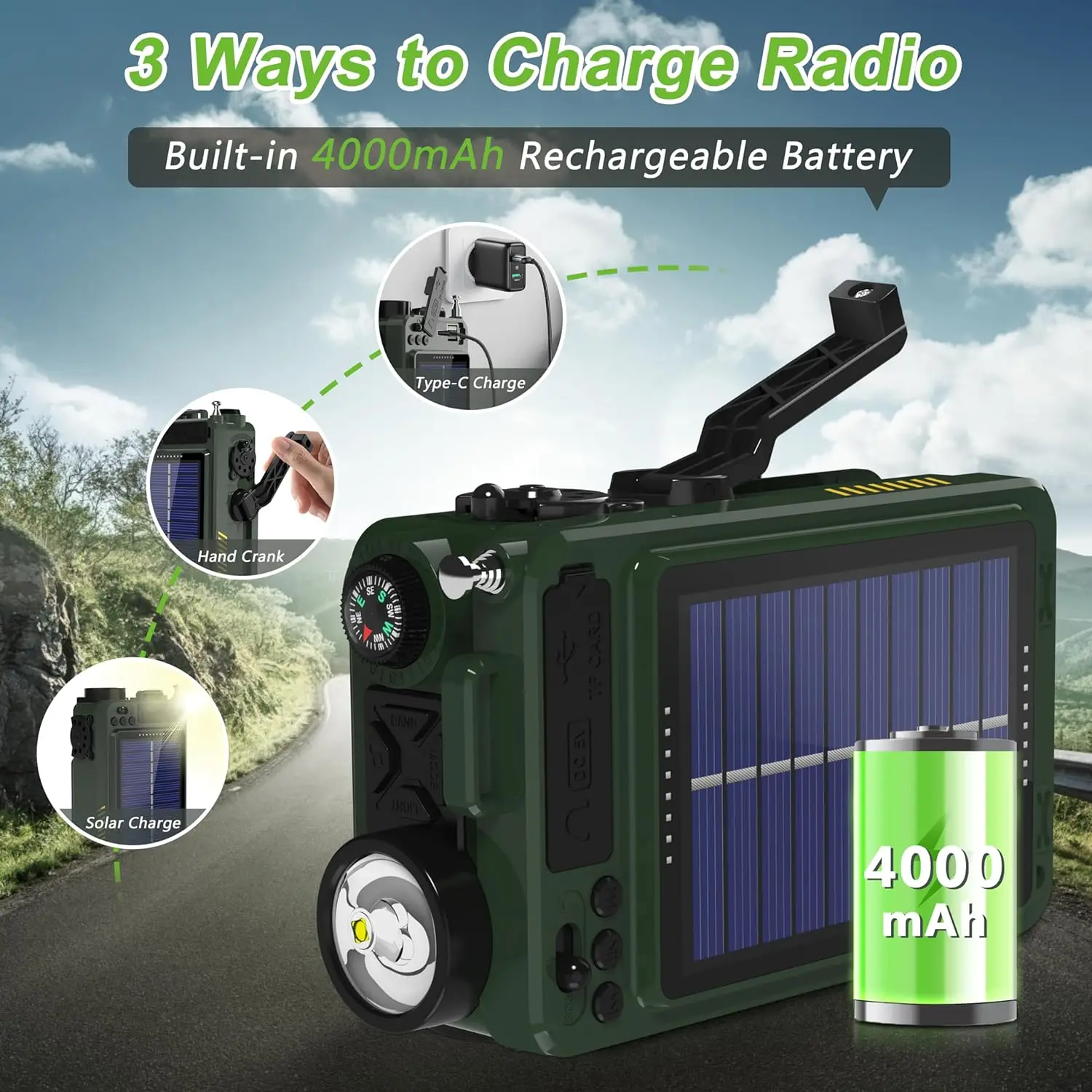Solar Power for CAMping Earthquake Flashlight Multi-Band Cranking Generator Pocket Radio with Mp3 Speaker