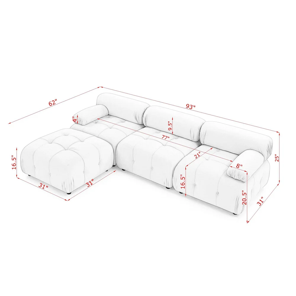 Dongguan Factory Velvet Button Tufted Designed Sectional Moduler Corner Biscuit Sofa Furniture with Chaise Reversible Ottaman