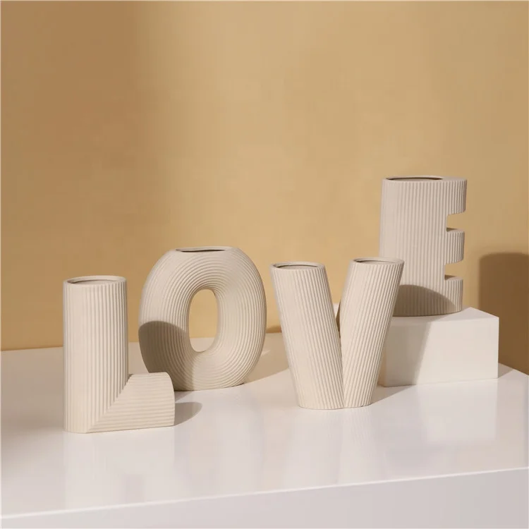 K&B Modern Nordic Morandi Style LOVE Letter Stripe Home Decoration Porcelain Flower Vase Home Goods Ceramic Vases