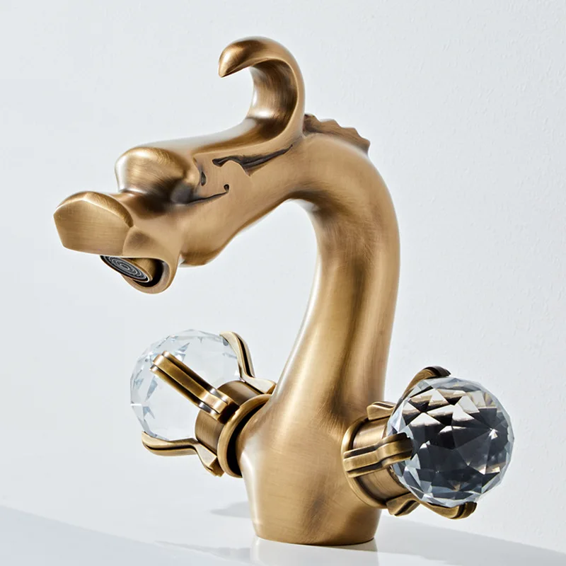 Bathroom Double Handle Gold Dragon Crystal Basin Faucet Washbasin Hot and Cold Water Deck Mount Mixer Tap XR7903