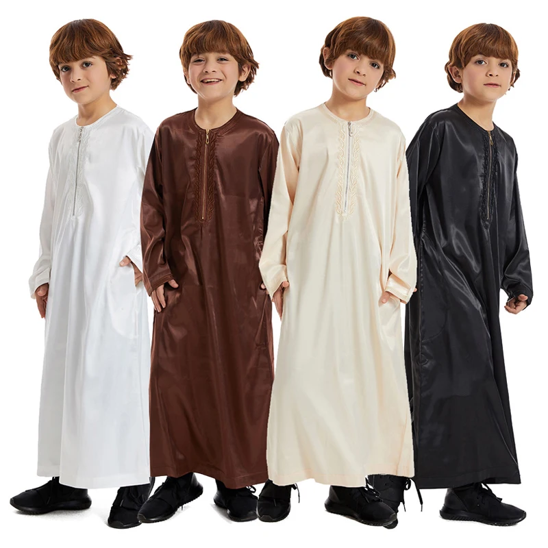 Muslim Children Abaya Ramadan Jubba Prayer Thobe Boys Long Dress Kids Caftan Islamic Robe O-Neck Gown for Kaftan Dubai Arab Robe