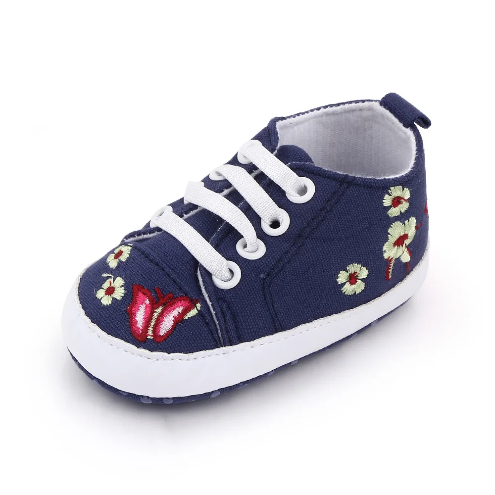 Infants Solid Color Embroidered butterfly Elastic Soft Soled Baby Canvas Walking Shoes details
