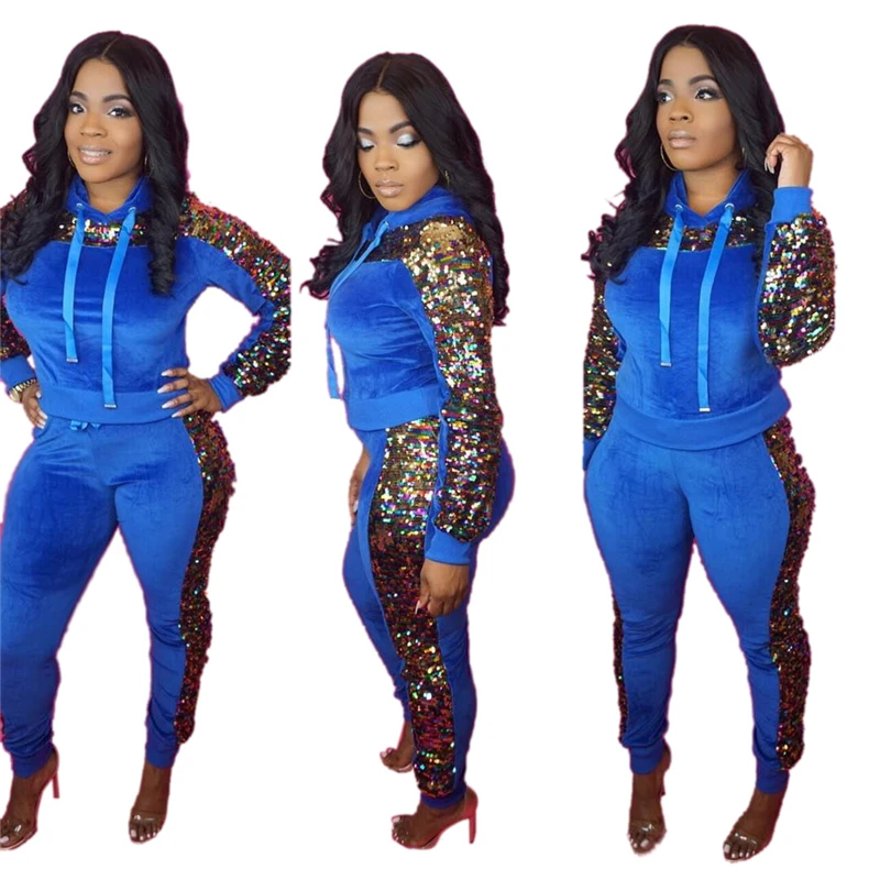 Conjunto De 2 Piezas De Top Y Pantalones De Lentejuelas Para Mujer,Chándal  Informal De Otoño,Pantalones De Dos Piezas Con Capucha De Terciopelo,2021 -  Buy Top Y Pantalones 2 Piezas Conjunto,Las Mujeres De