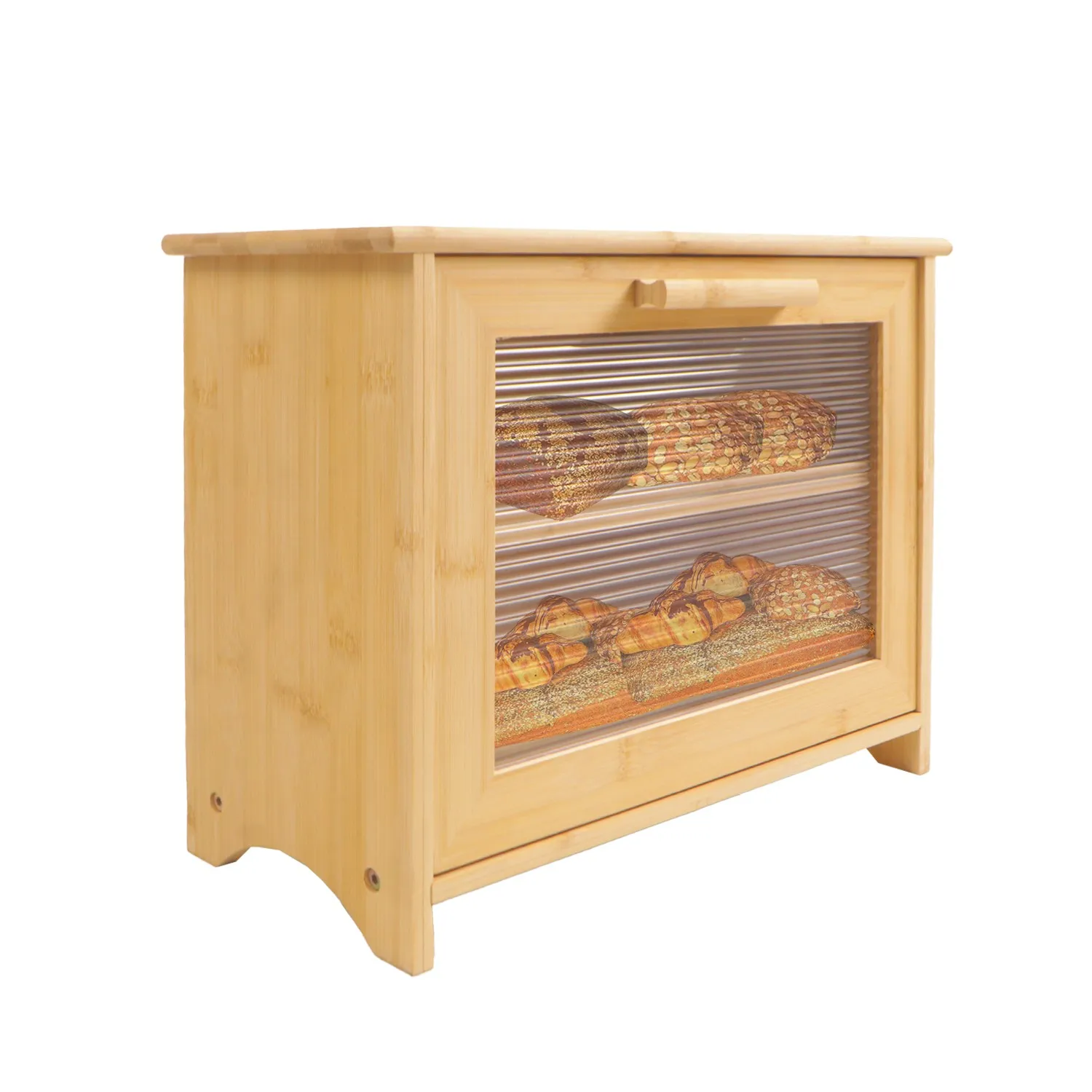 Double Layer Bread Box for Kitchen Counter Bamboo Wood Large Capacity Bread Storage Bin with Acrylic Wavy Door Panel