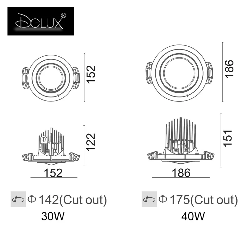 DGLUX High Lumen Embedded Cob 360 Degree Adjustable Ceiling Downlight Shell Aluminum 30w 40w Led Downlight