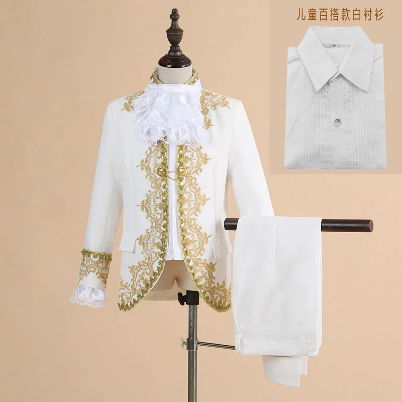 Victorian Prince Costume Suits Blazer Child Halloween Jabot Tie Outfit Cosplay Uniform Lace Jacket Coat for Kid Boys