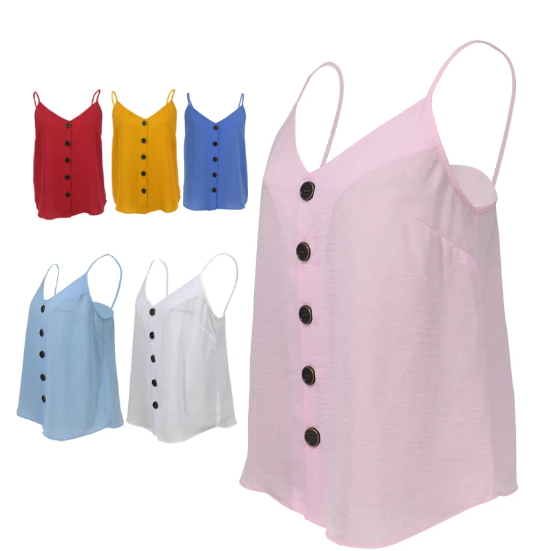 Colorful Women Plain V-neck Vest Sleeveless Button Shirt Button Halter Top Summer Spring Casual Blouse
