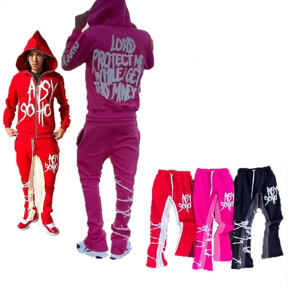 Ky 3d Puff Print Street Sweatpants And Hoodie Set Full Zip Up Street