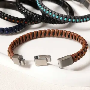 Accessories Trendy Stainless Steel Beaded Multilayer Braided Rope Handmade Custom Men's Gift Bracelet