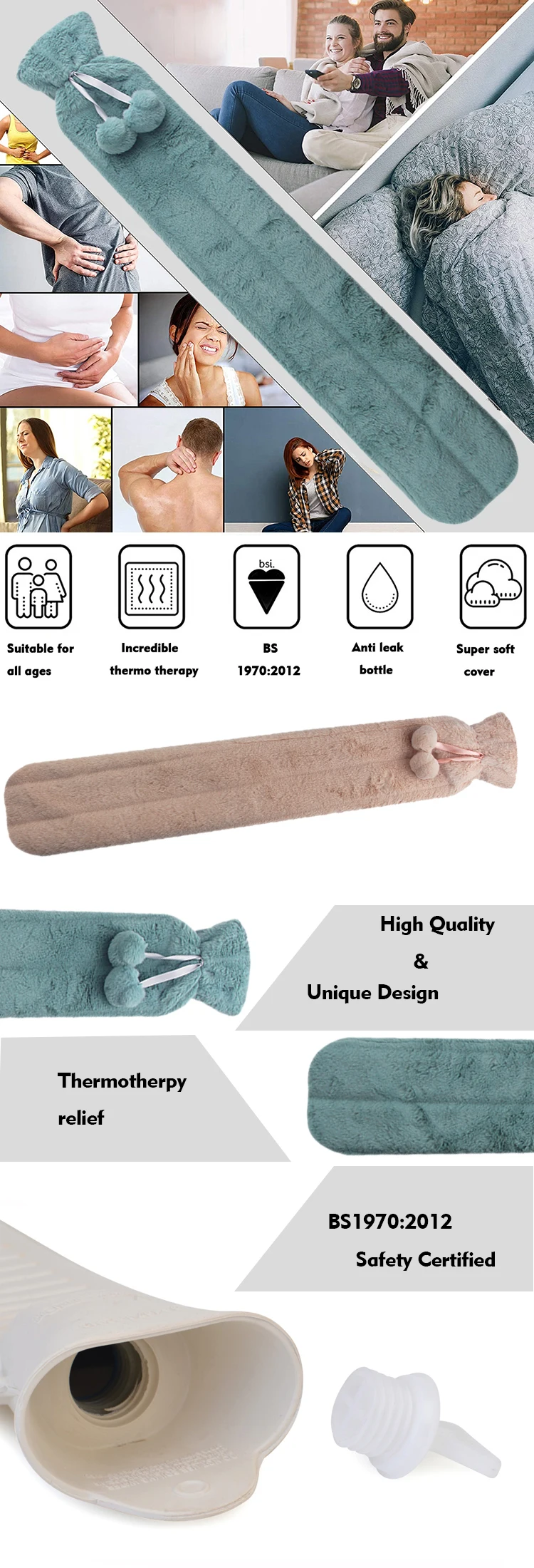 product-750-2200 long hot water bottle belt bed warm waist back hot therapy medical rubber hot water bag plush cover for sample