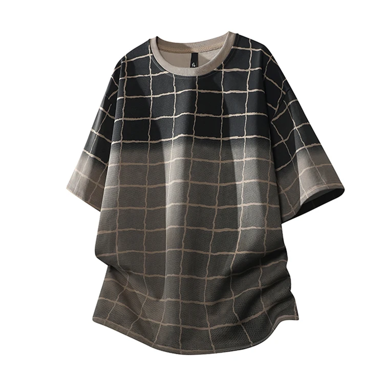 Gradient plaid print O-neck men's T-shirt, regular fit, M-8XL, 100% polyester, breathable, casual street style short-sleeved shirt.
