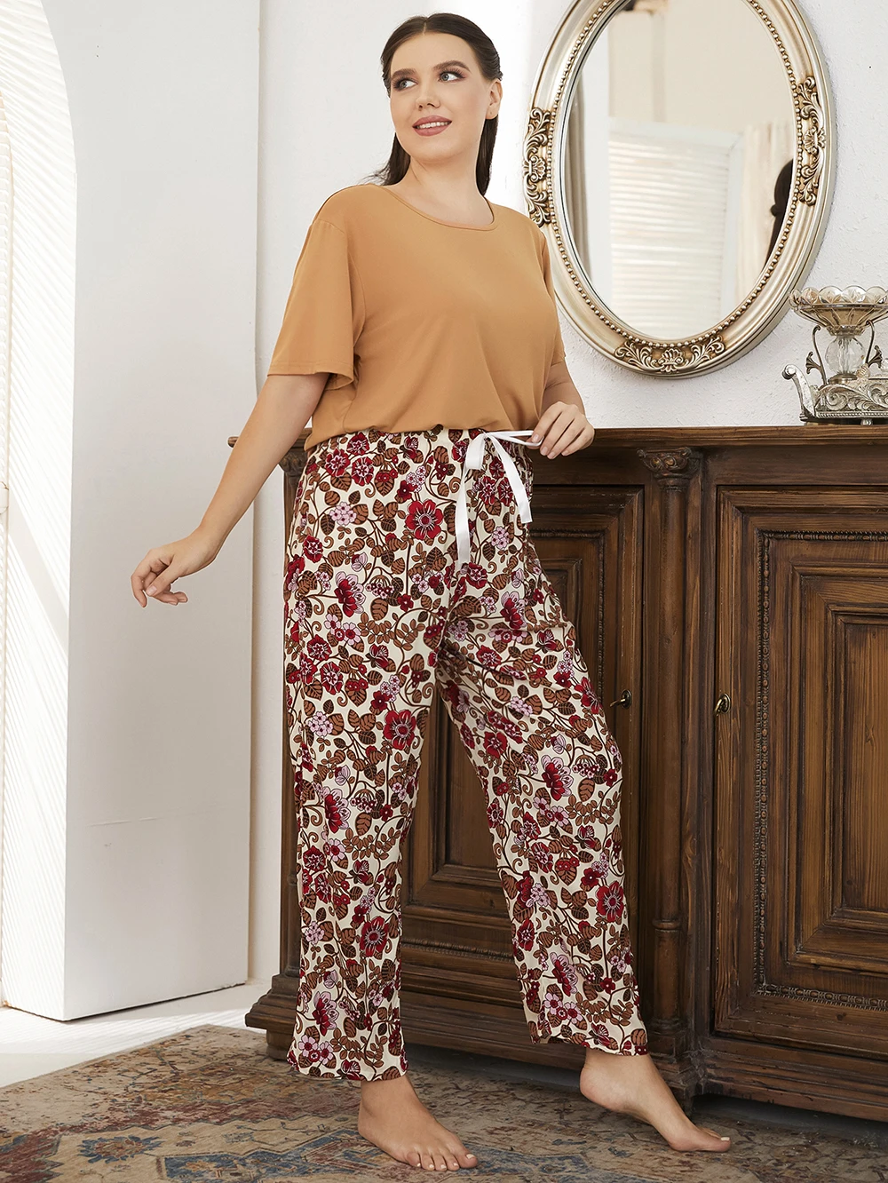 Red Floral Long Pants Bigsize T-shirt 