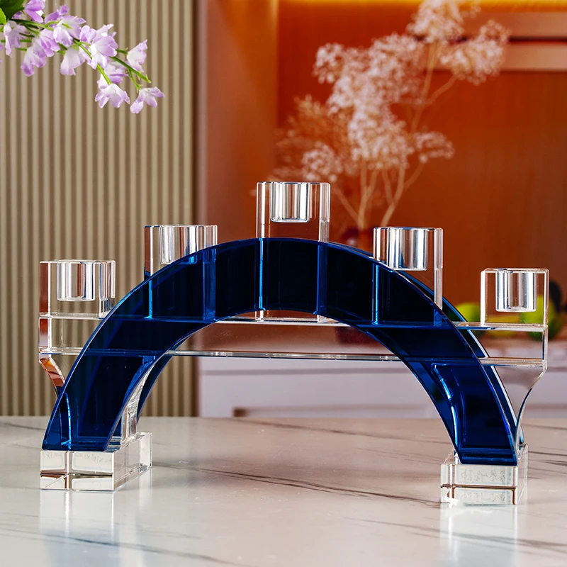 Porte-bougie en verre bleu en forme de pont, décoration de mariage et de maison, en cristal