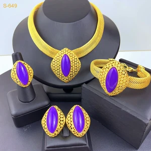 Luxury Gold Plated Purple Gemstones Necklaces for Women Set Earrings Ring Bracelet Elegant Wedding Party Fine Jewelry Rings