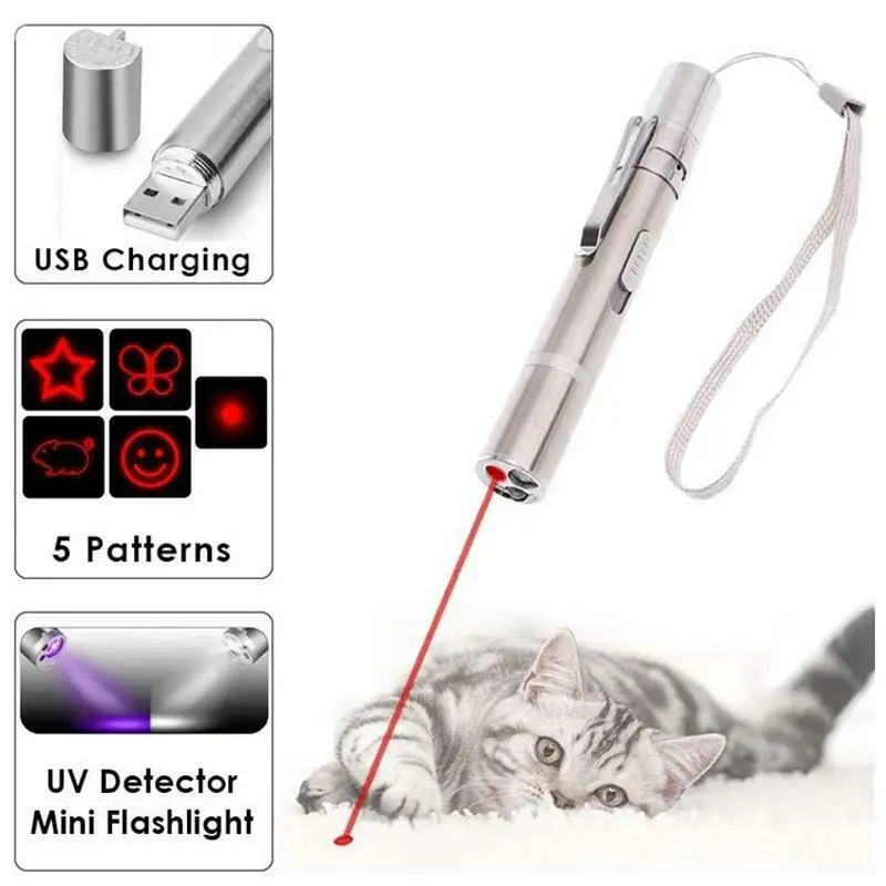 3 in 1 Cat Laser Pointer Pen Toy USB Rechargeable Mini Torch Red Beam UV Light 