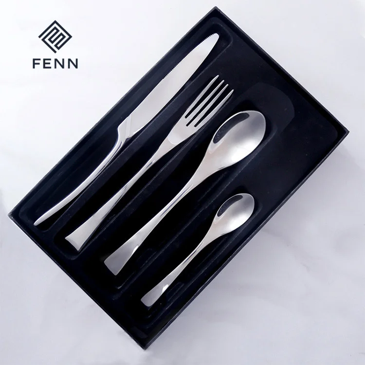 product fenn wholesale luxury 4pcs stainless steel flatware knife spoon and fork set mirror silver black color hotel wedding cutlery set-57