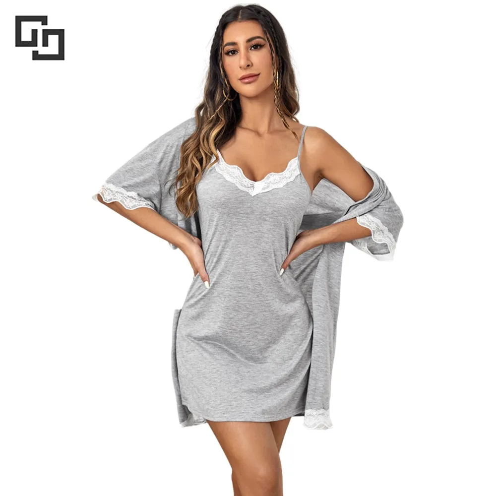 chinese dress ladies Elegant Contrast Lace Bathrobe And Solid Color Cami Dress Simple Pajam   Loyabi