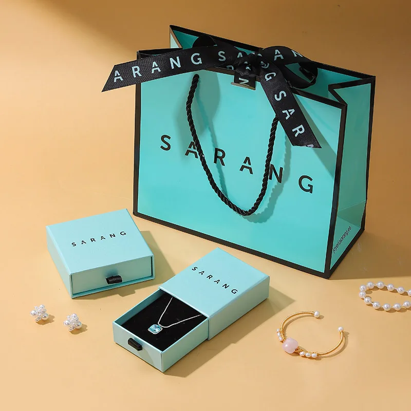 Premium Rectangle Mint Green Gift Box Jewelry Drawer Box Set with Paper Bag PVC Zipper Bag Thank You Card Custom Logo Packaging