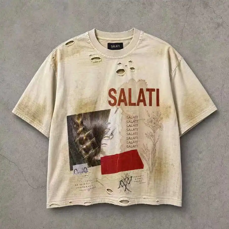 Wholesale Vintage Washed Distressed Graphic T Shirt Cotton Oversized Streetwear Casual Summer Fashion Men Graphic T Shirt gallery 6