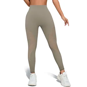 Women's Camel High Waist Yoga Leggings with Side Cutouts Distressed Holes Booty Lift Design Breathable and High Stretch