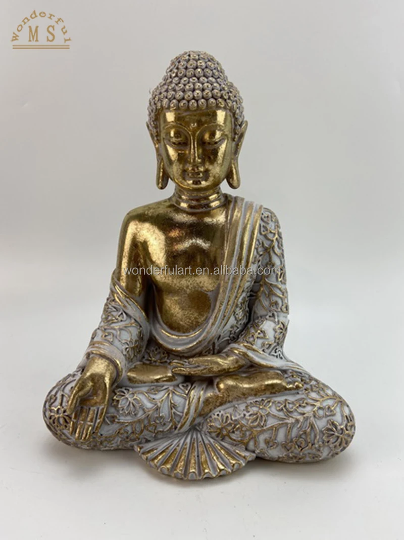 Resin sitting buddha figurines gold polystone sculpture religious buddha statue for garden outdoor decoration