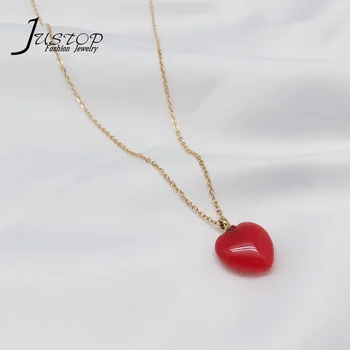 Women's Heart Pendant Necklaces 18K Gold Plated Stainless Steel Heart Design Dyed Red Stone Necklaces Jewelry
